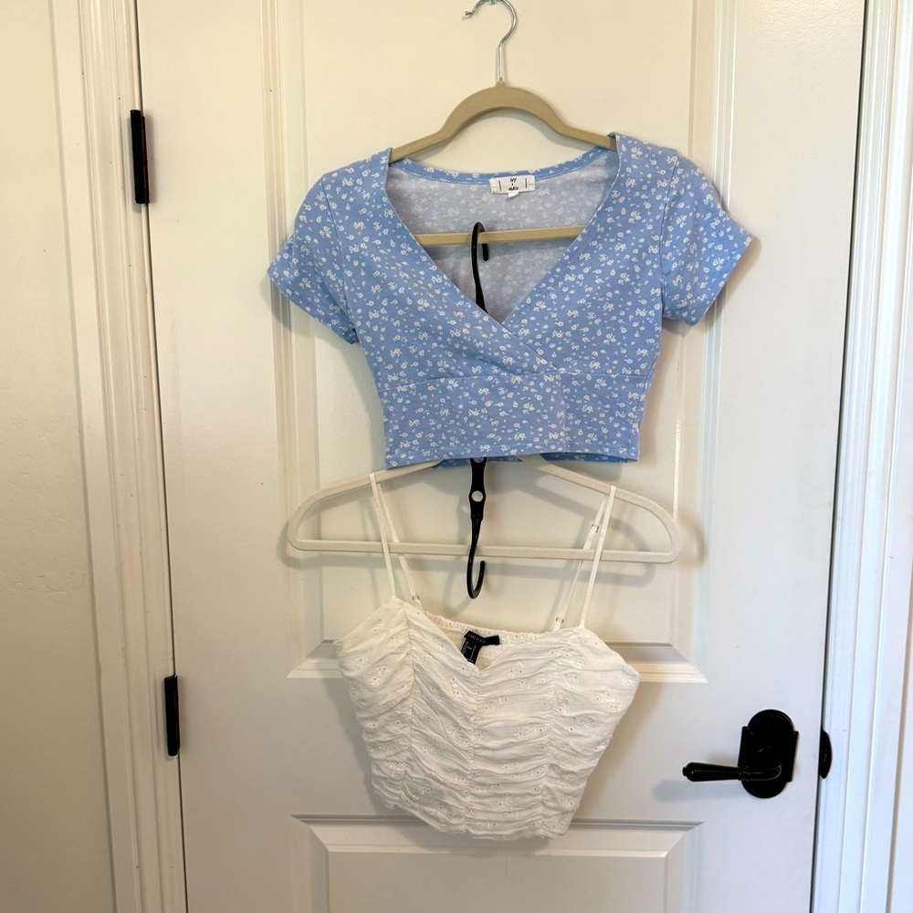 TWO Tops - Blue Floral Wrap Top and white eyelet top.